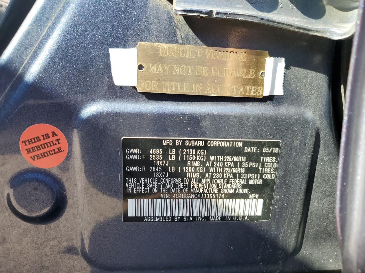 2018 Subaru Outback 2.5I Limited VIN: 4S4BSANC4J3365174 Lot: 44322615