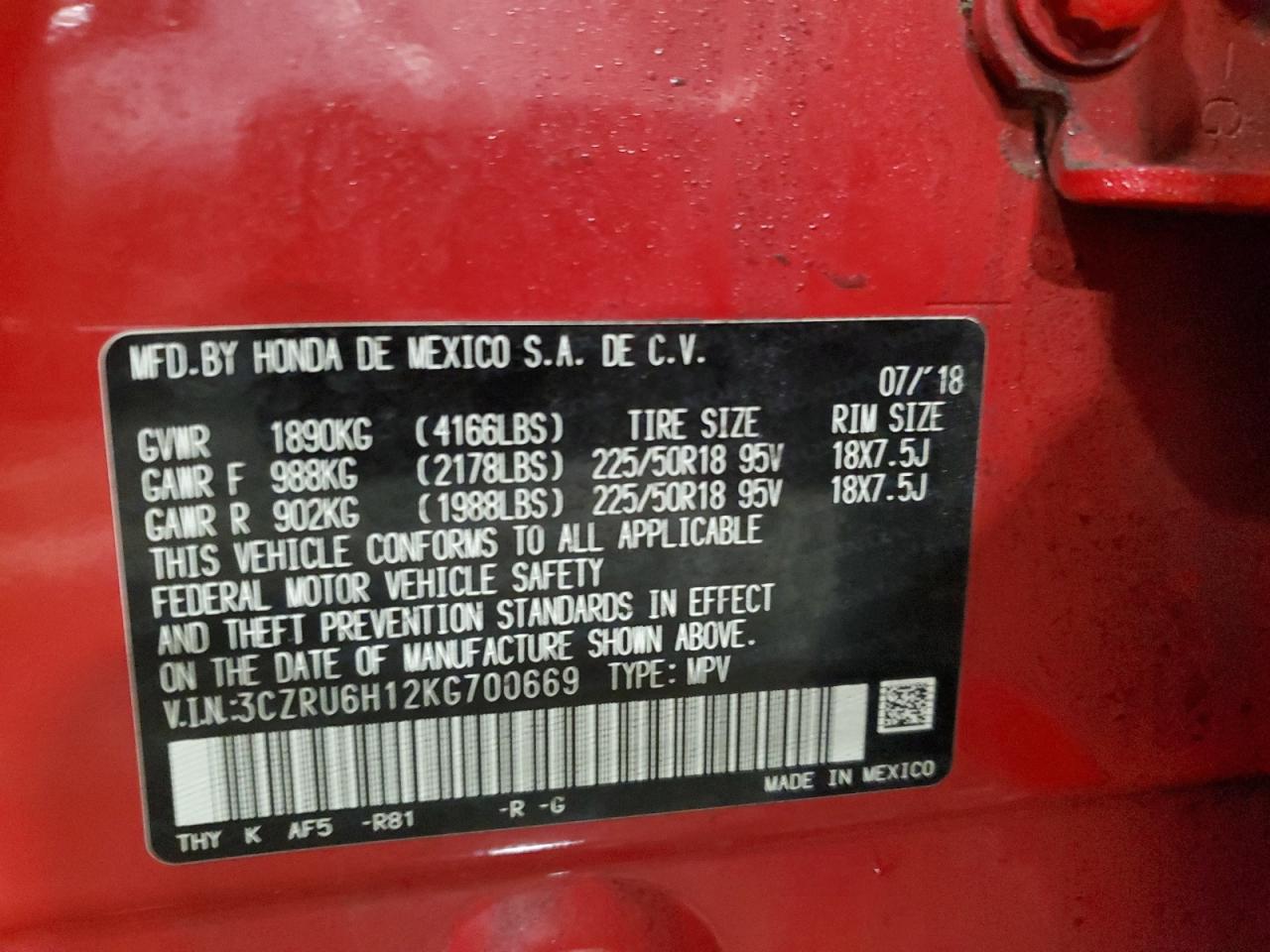 3CZRU6H12KG700669 HONDA HR-V 2019