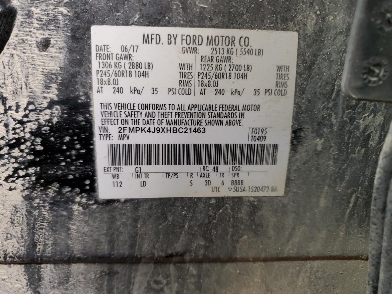 2FMPK4J9XHBC21463 FORD EDGE 2017