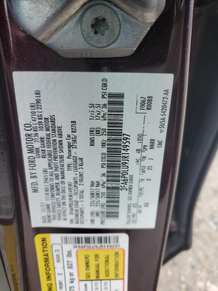 3FA6P0LU9JR149597 FORD FUSION 2018
