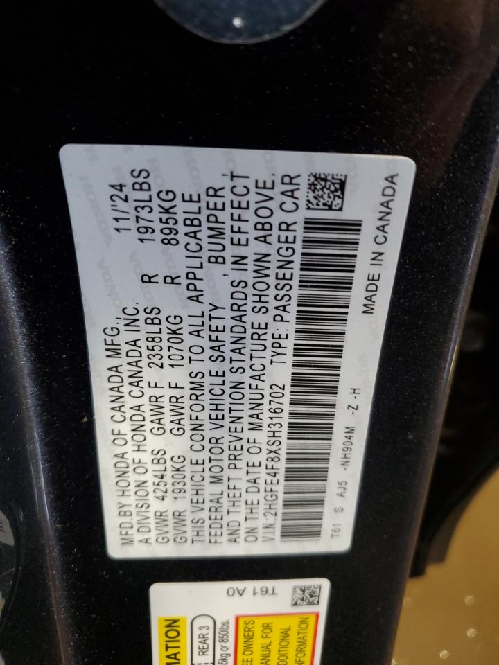 2hgfe4f8xsh316702 2HGFE4F8XSH316702 2025 Honda Civic Sport