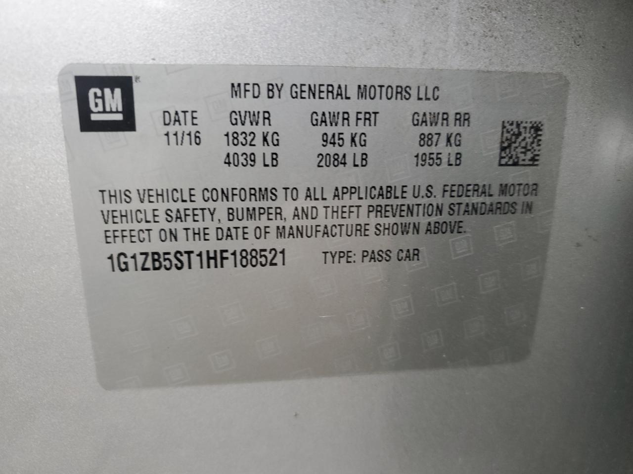 1G1ZB5ST1HF188521 CHEVROLET MALIBU 2017