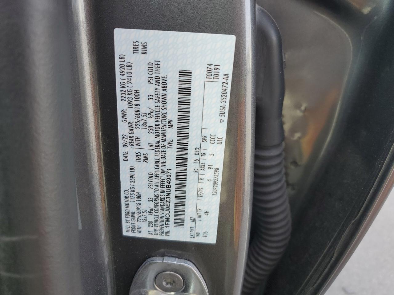 1FMCU0EZ3NUB49071 FORD ESCAPE 2022