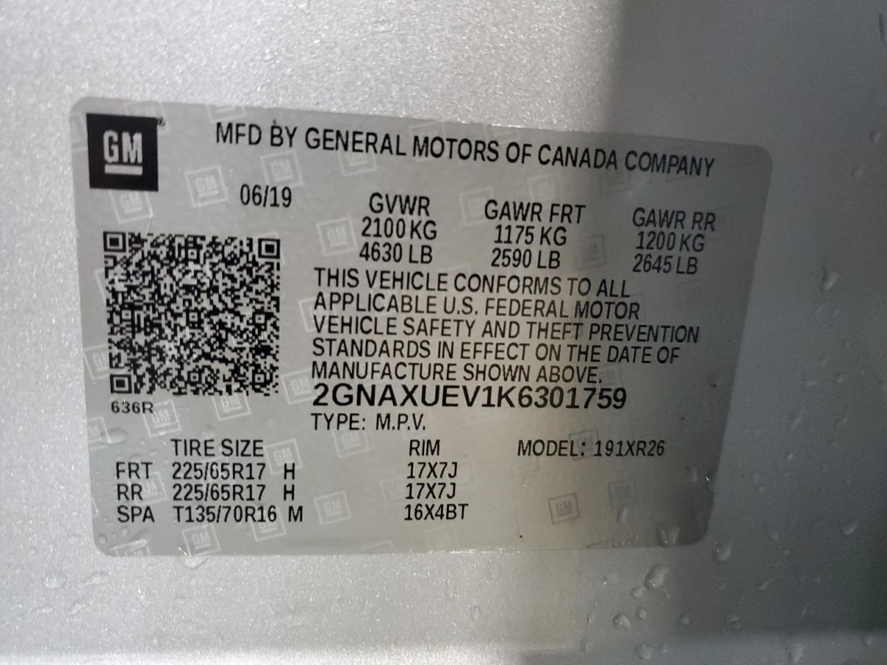 2GNAXUEV1K6301759 CHEVROLET EQUINOX 2019