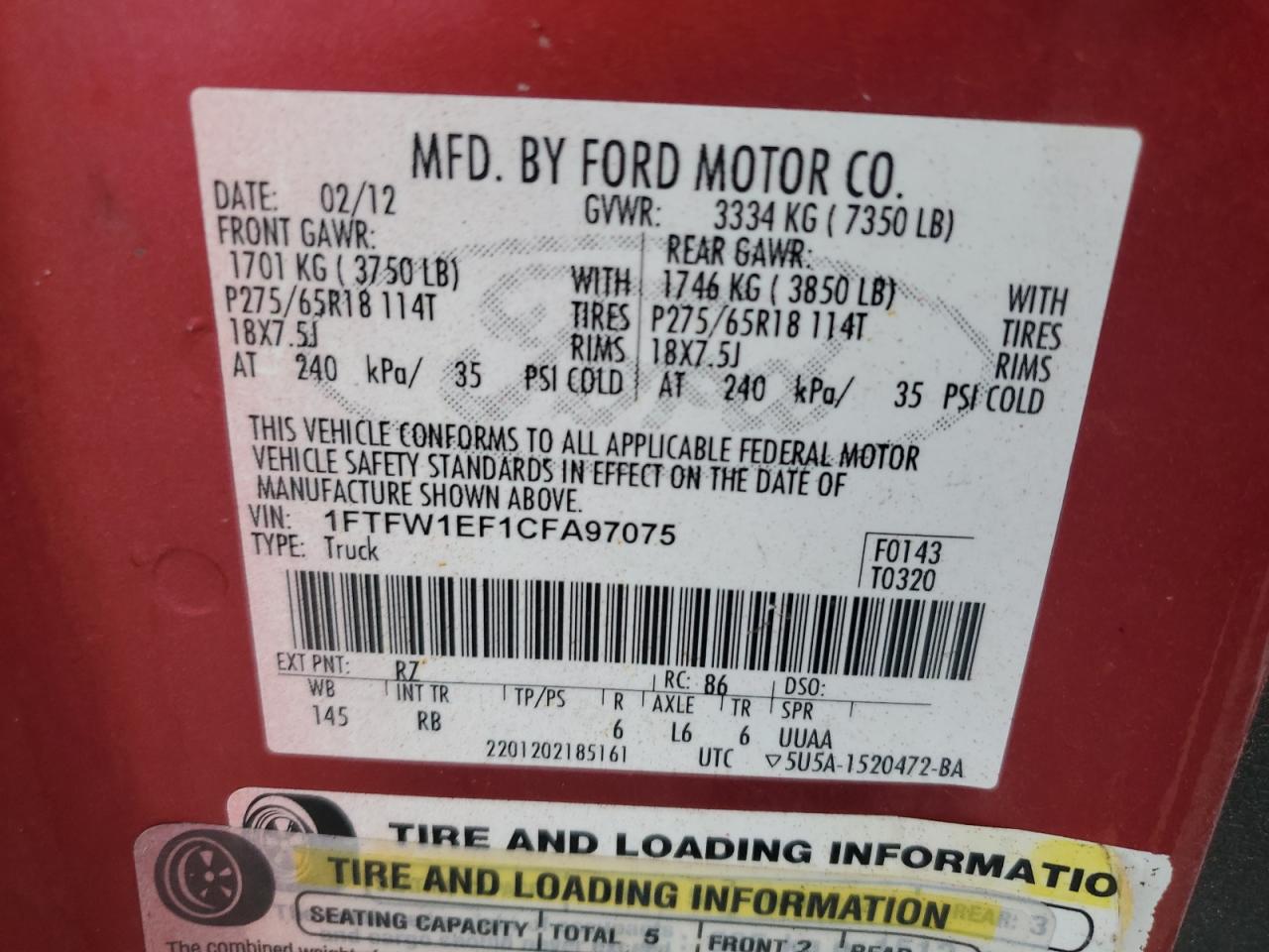 2012 Ford F150 Supercrew VIN: 1FTFW1EF1CFA97075 Lot: 47039765