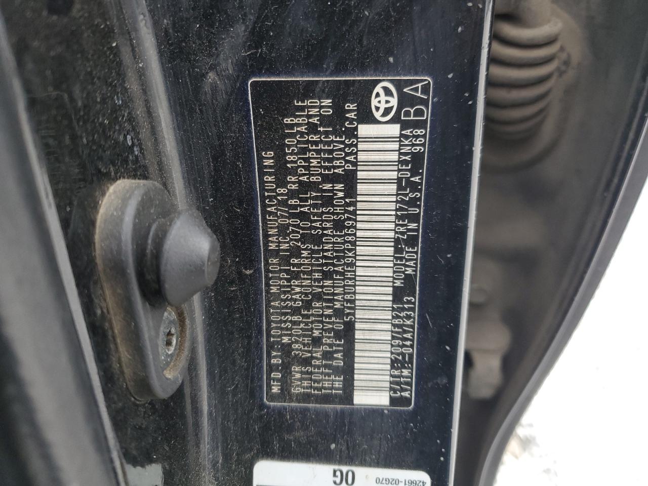 5YFBURHE9KP869741 TOYOTA COROLLA 2019
