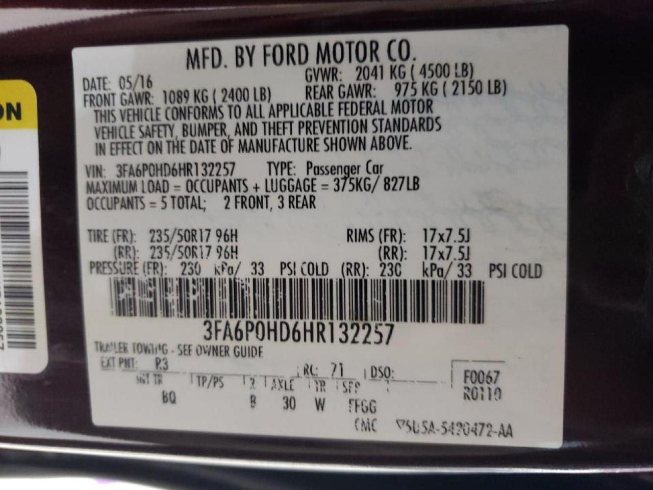 3FA6P0HD6HR132257 FORD FUSION 2017