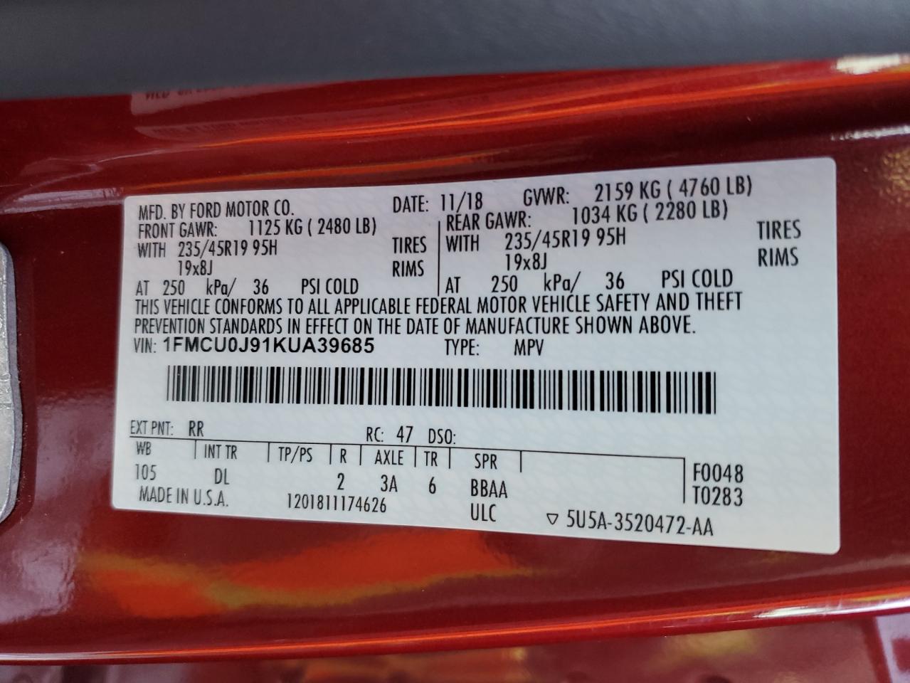1FMCU0J91KUA39685 FORD ESCAPE 2019