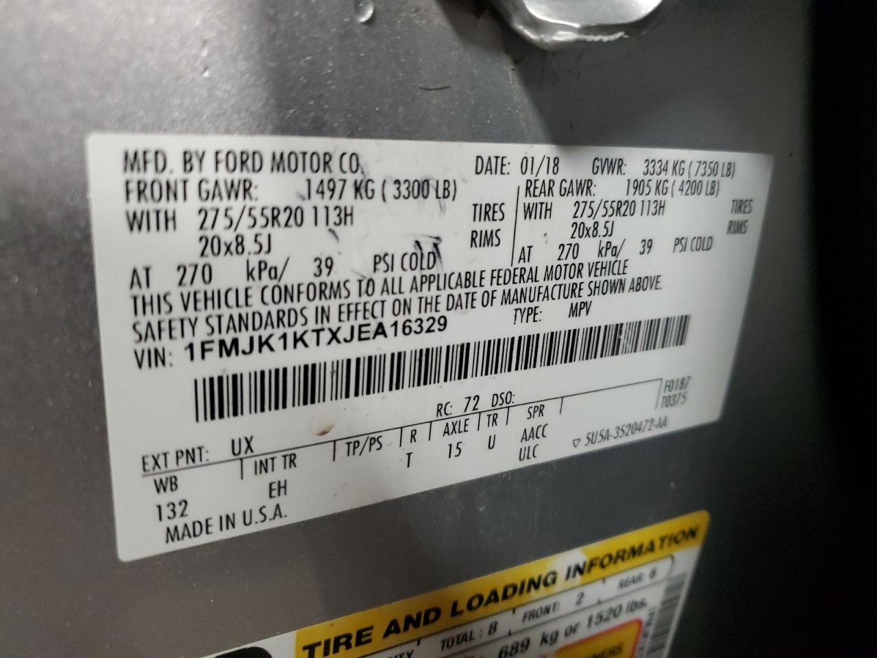 1FMJK1KTXJEA16329 FORD EXPEDITION 2018