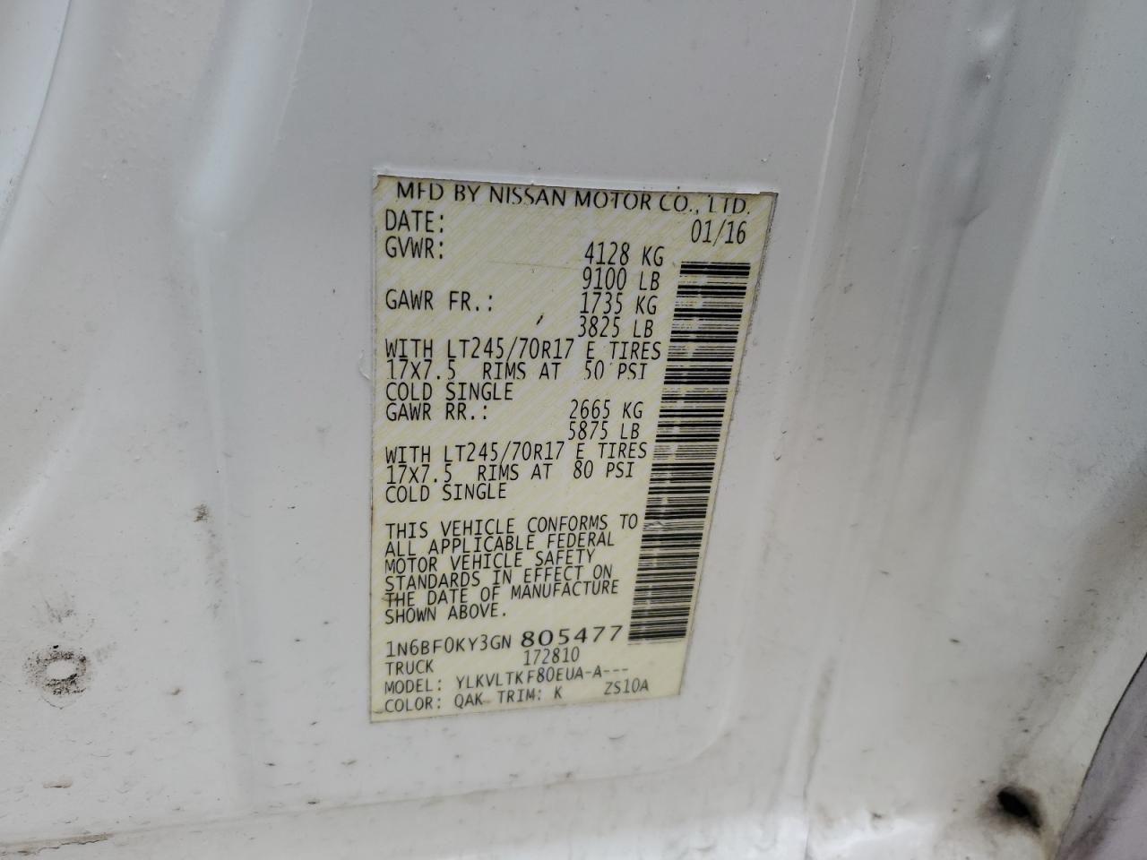 1N6BF0KY3GN805477 NISSAN NV 2016