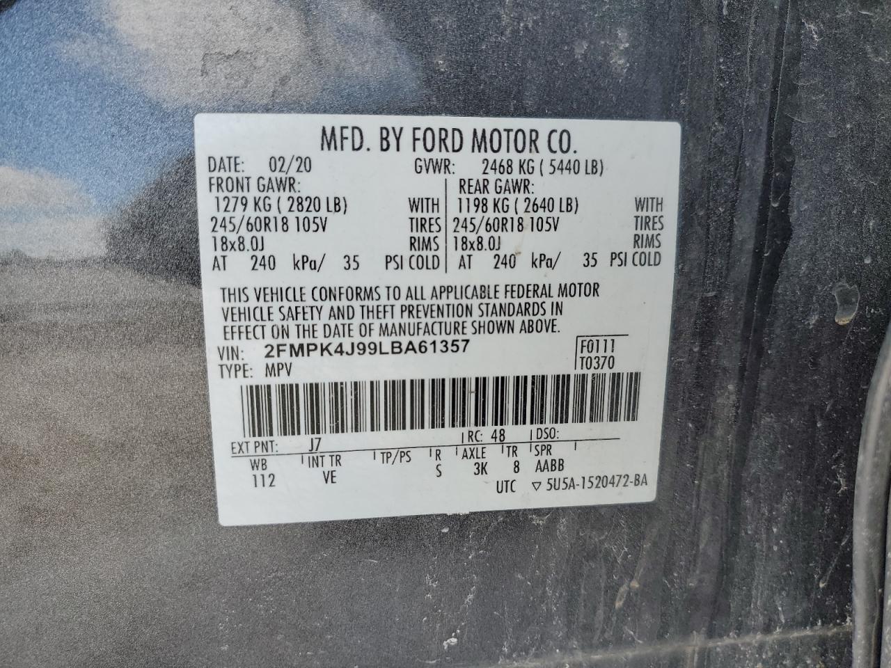2FMPK4J99LBA61357 FORD EDGE 2020
