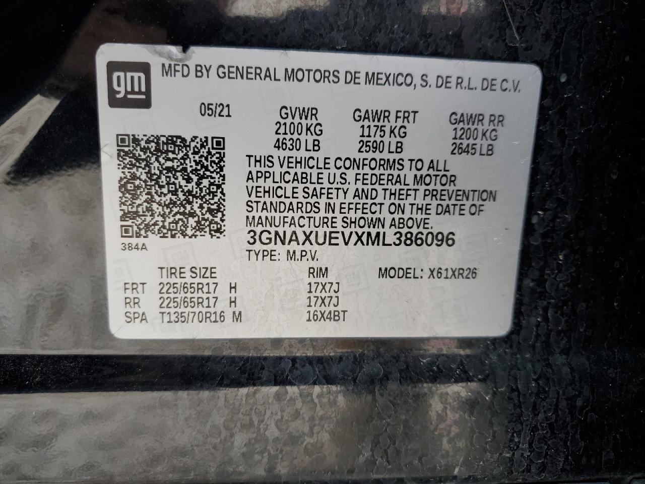 3GNAXUEVXML386096 CHEVROLET EQUINOX 2021