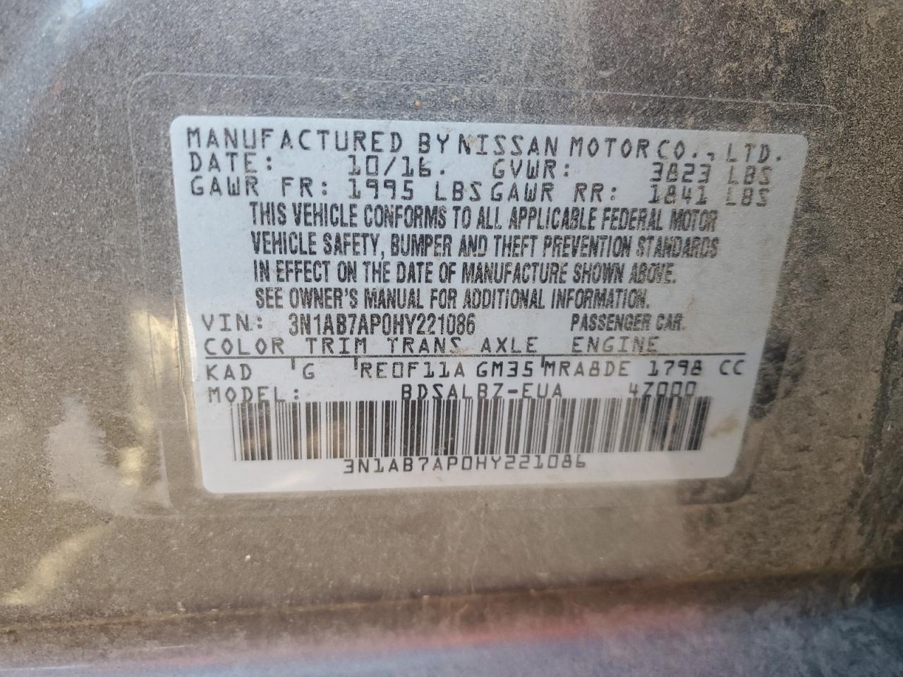 3N1AB7AP0HY221086 NISSAN SENTRA 2017