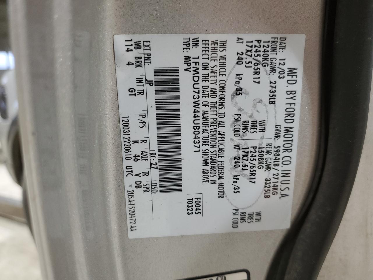2004 Ford Explorer Xlt VIN: 1FMDU73W44UB04371 Lot: 47103395
