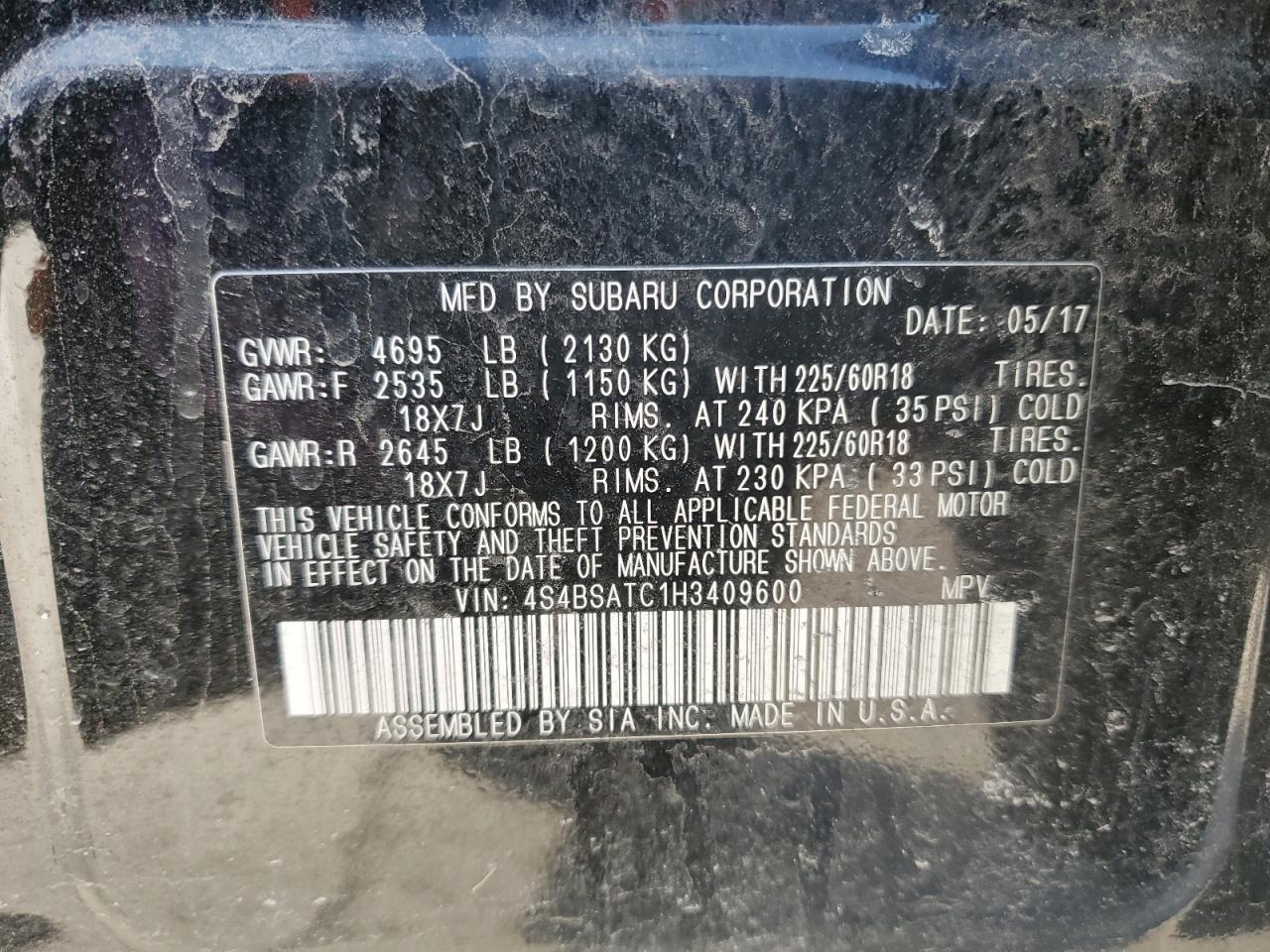 2017 Subaru Outback Touring VIN: 4S4BSATC1H3409600 Lot: 47422905