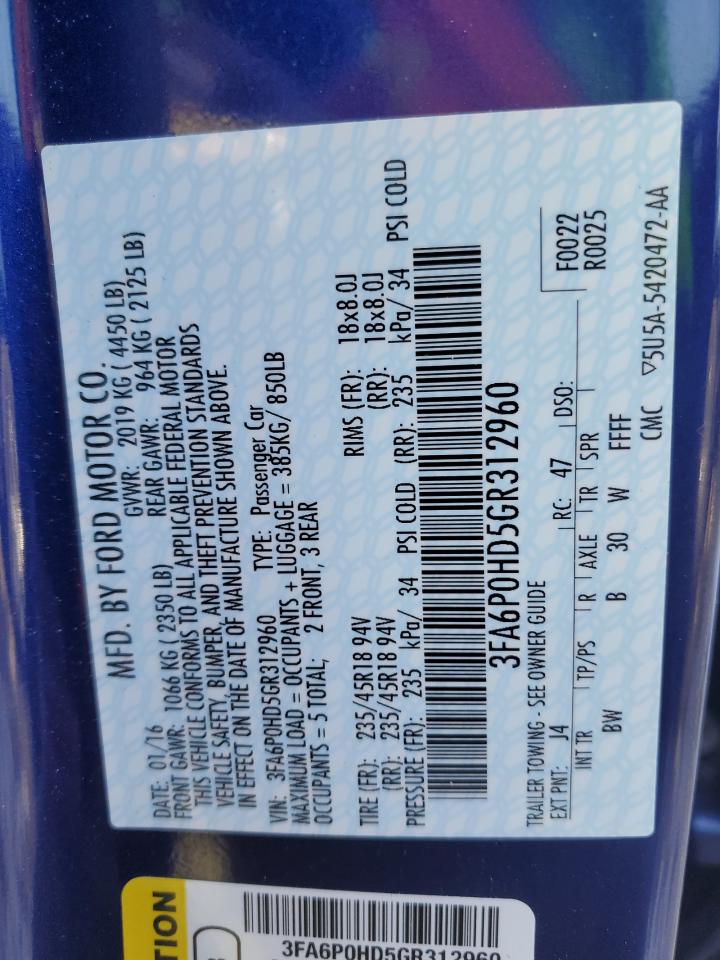3FA6P0HD5GR312960 FORD FUSION 2016