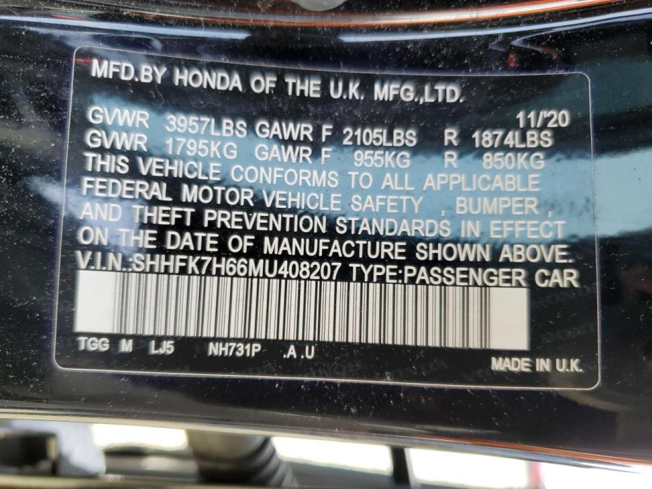 SHHFK7H66MU408207 HONDA CIVIC 2021