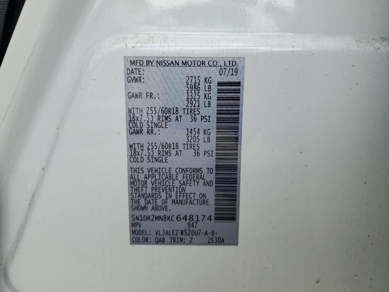 5N1DR2MN8KC648174 NISSAN PATHFINDER 2019