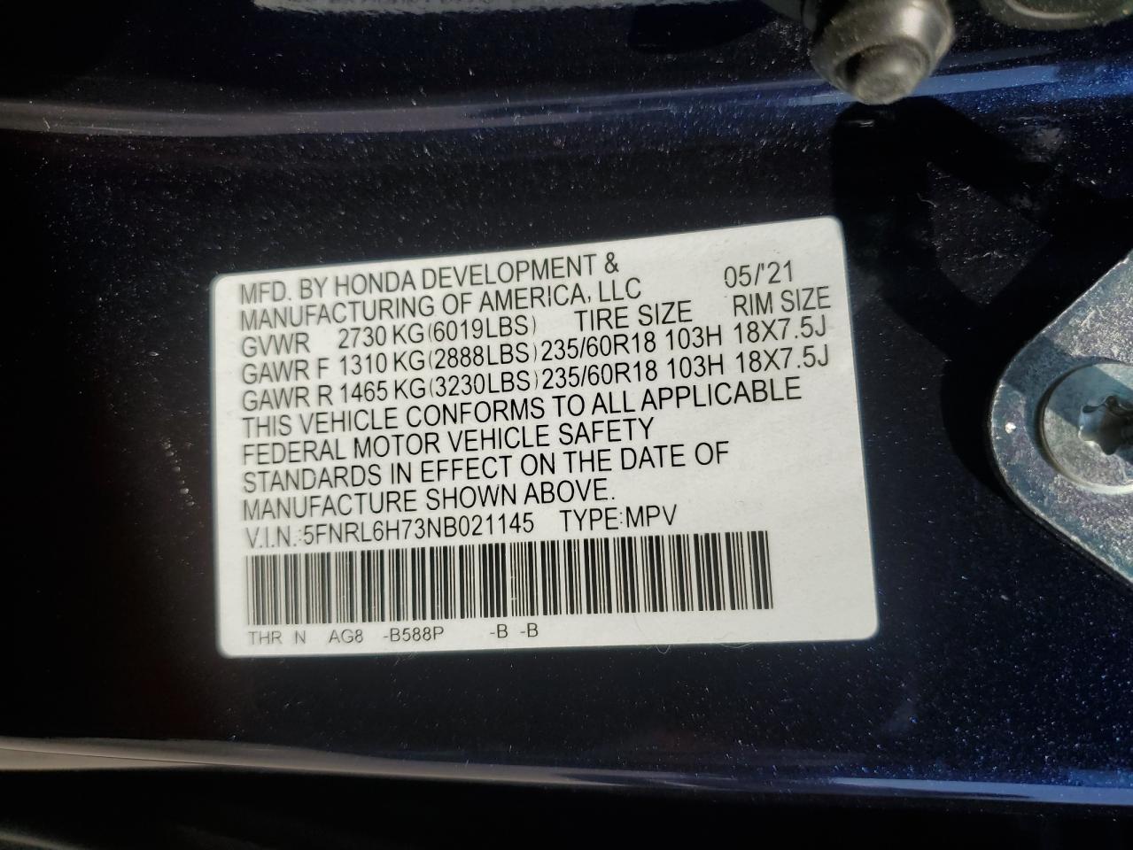 5FNRL6H73NB021145 HONDA All Models 2022