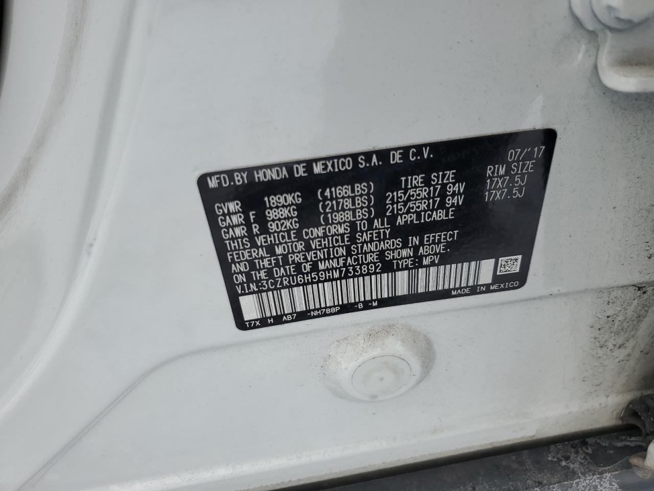 3CZRU6H59HM733892 HONDA HR-V 2017