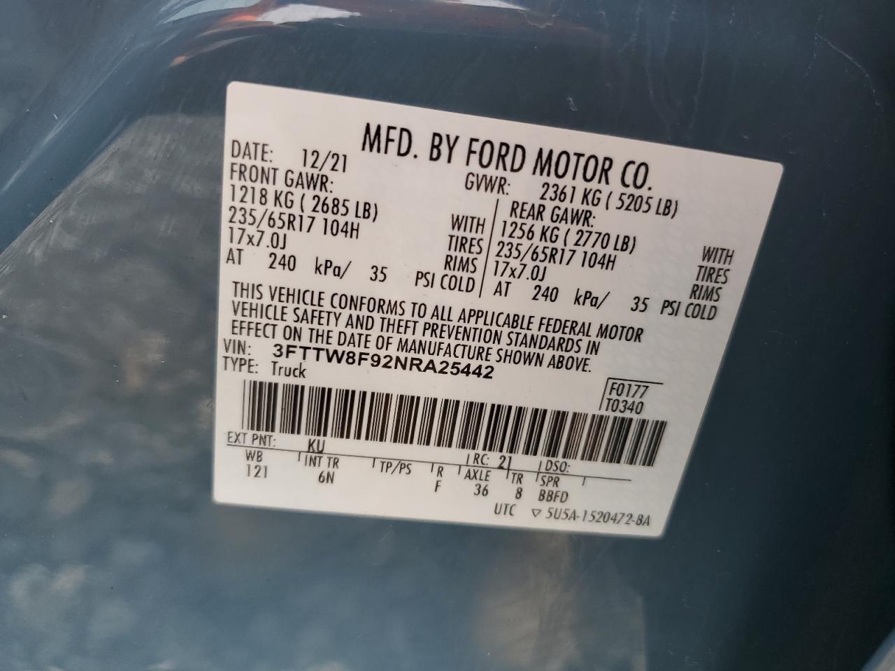 3FTTW8F92NRA25442 FORD MAVERICK 2022