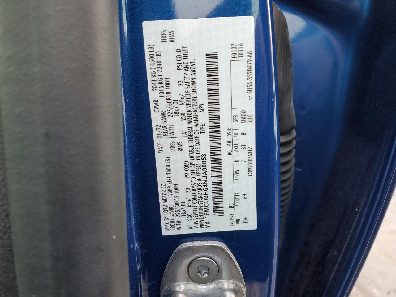 1FMCU9H64NUA00853 FORD ESCAPE 2022