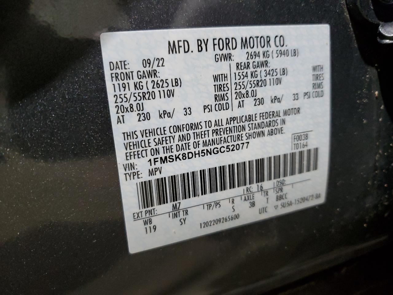 1FMSK8DH5NGC52077 FORD EXPLORER 2022