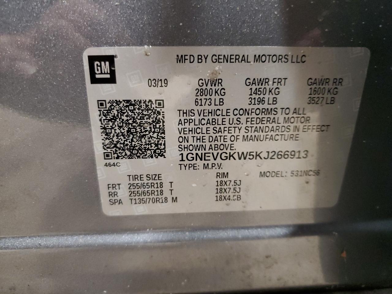 1GNEVGKW5KJ266913 CHEVROLET TRAVERSE 2019