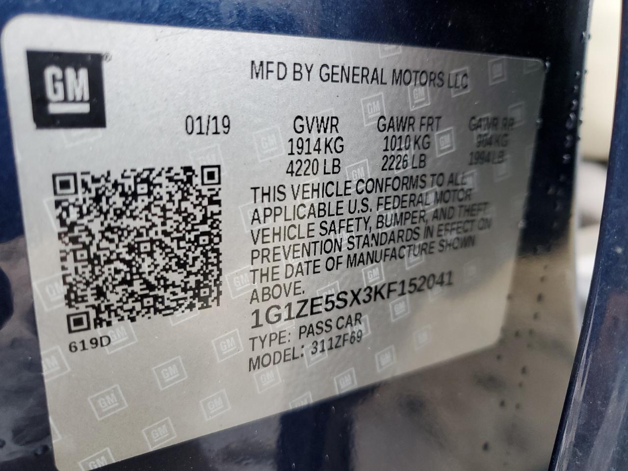 1G1ZE5SX3KF152041 CHEVROLET MALIBU 2019