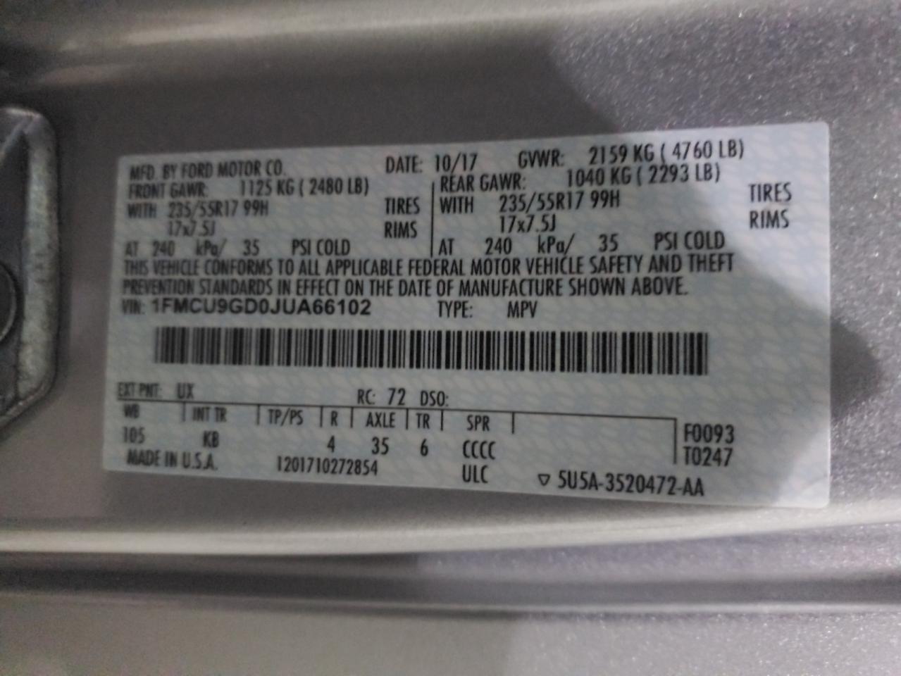 1FMCU9GD0JUA66102 FORD ESCAPE 2018