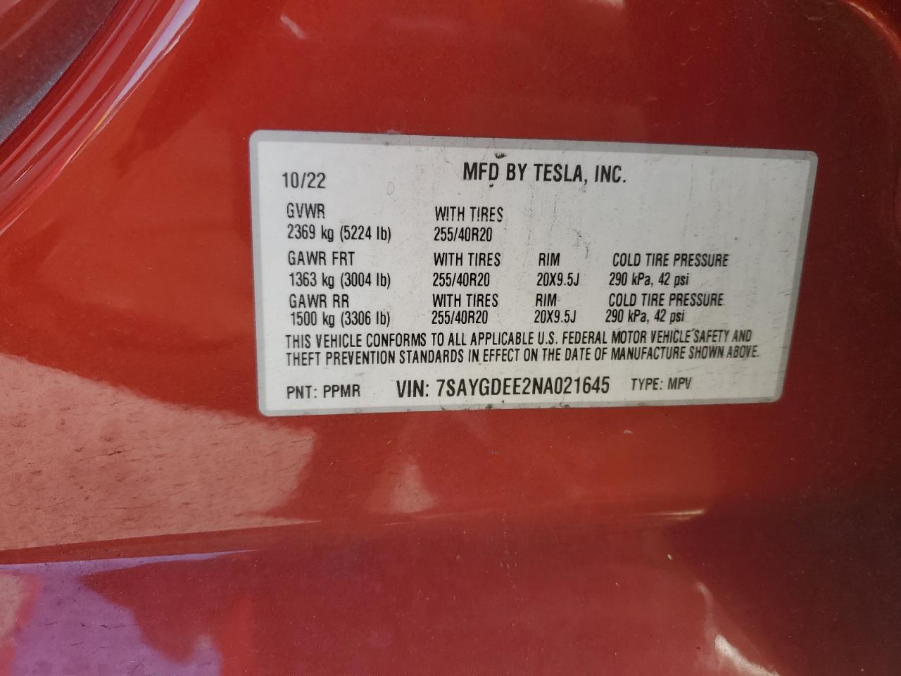 2022 Tesla Model Y VIN: 7SAYGDEE2NA021645 Lot: 46609005