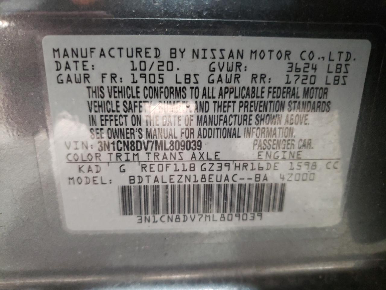 3N1CN8DV7ML809039 NISSAN VERSA 2021