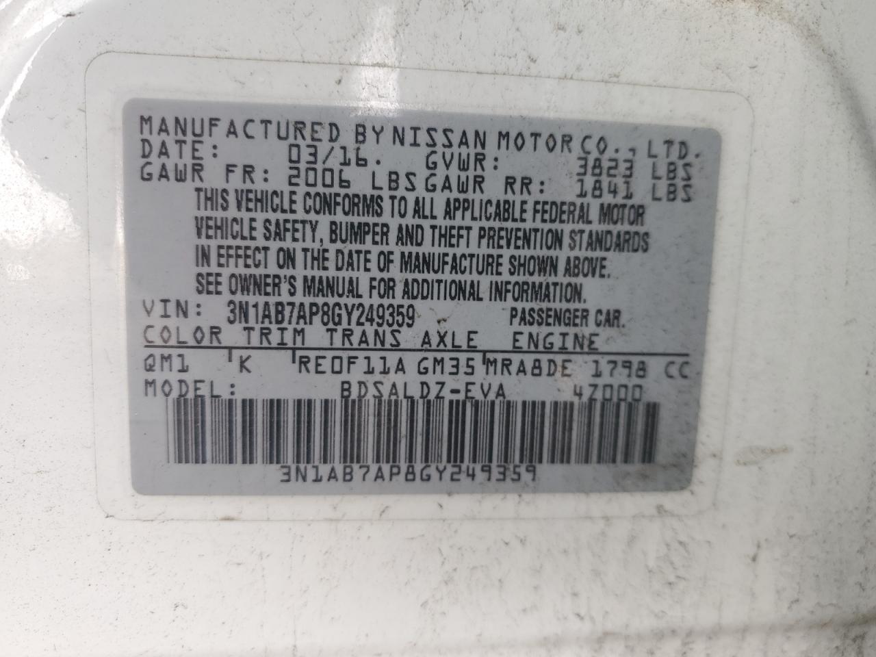 3N1AB7AP8GY249359 NISSAN SENTRA 2016