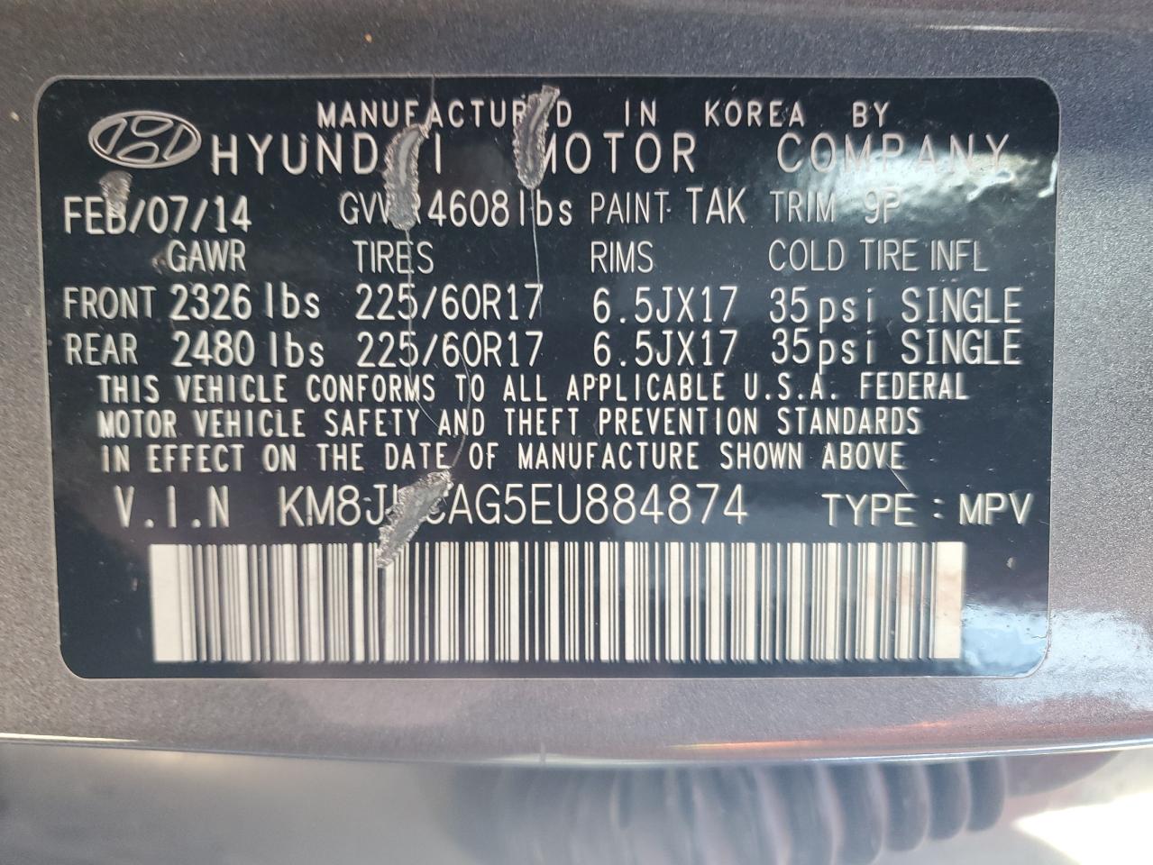 2014 Hyundai Tucson Gls VIN: KM8JUCAG5EU884874 Lot: 46467765