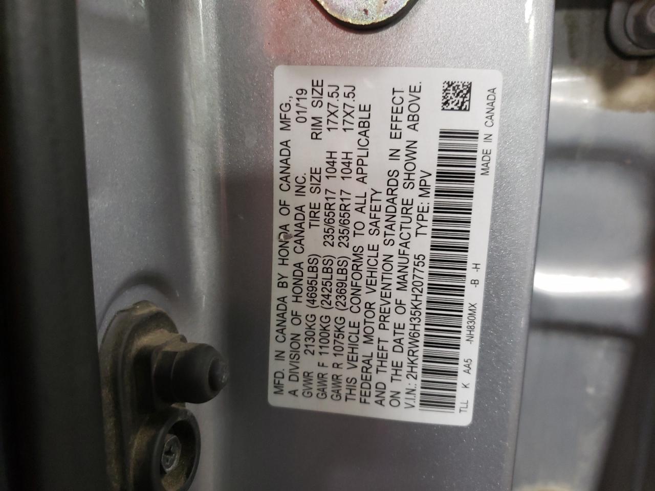 2HKRW6H35KH207755 HONDA CRV 2019