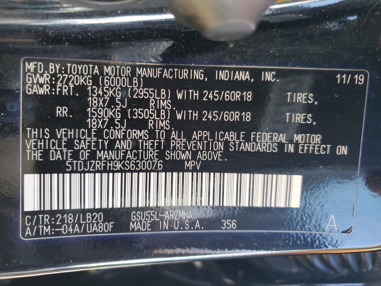 5TDJZRFH9KS630076 TOYOTA HIGHLANDER 2019