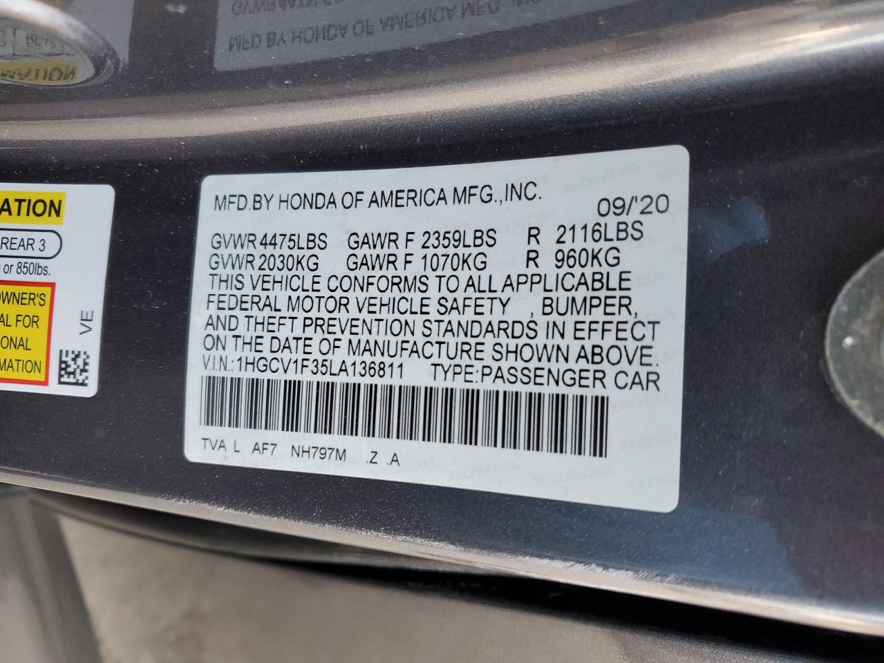 1HGCV1F35LA136811 HONDA ACCORD 2020