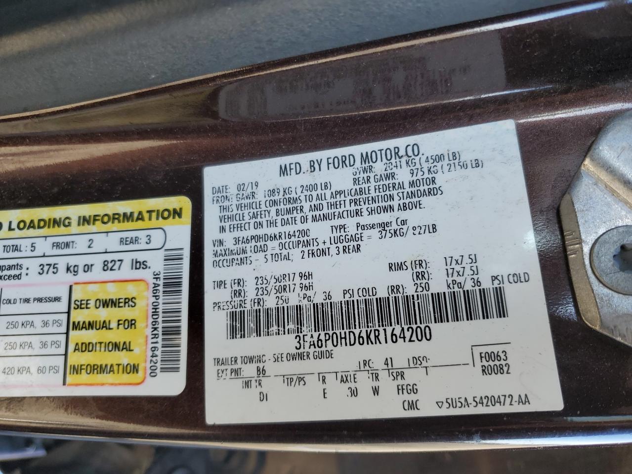 3FA6P0HD6KR164200 FORD FUSION 2019