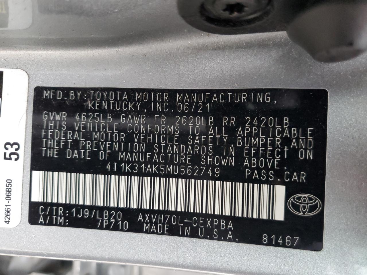 4T1K31AK5MU562749 TOYOTA CAMRY 2021