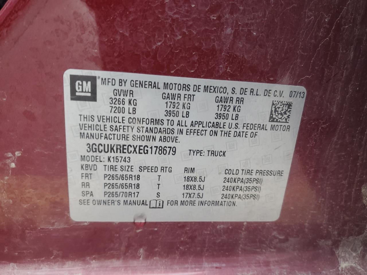 2014 Chevrolet Silverado K1500 Lt VIN: 3GCUKRECXEG178679 Lot: 45757335