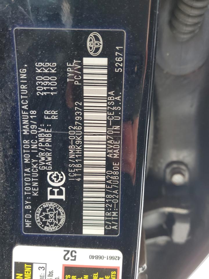 4T1B11HK9KU679372 TOYOTA CAMRY 2019