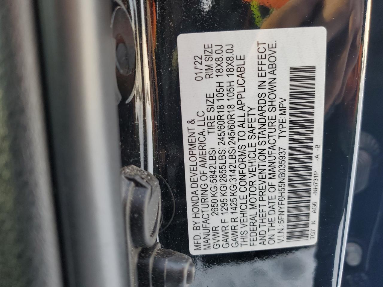 5FNYF6H55NB035937 HONDA PILOT 2022