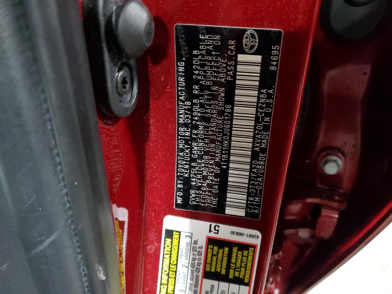 4T1B11HK0JU601786 TOYOTA CAMRY 2018