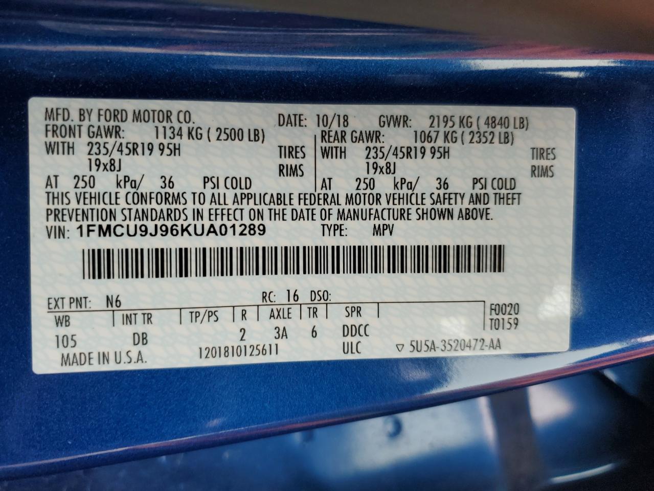 1FMCU9J96KUA01289 FORD ESCAPE 2019