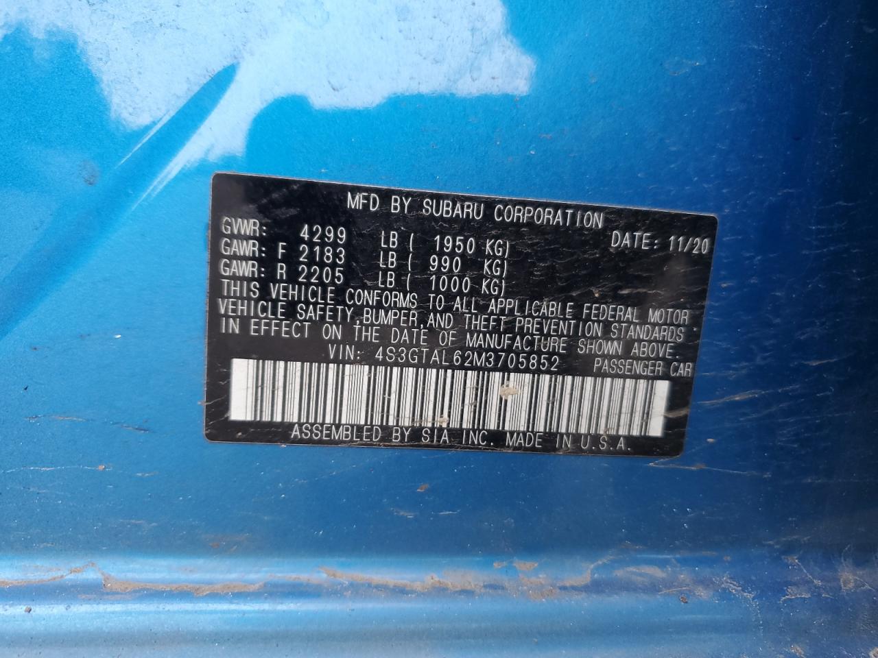 2021 Subaru Impreza Sport VIN: 4S3GTAL62M3705852 Lot: 46116535