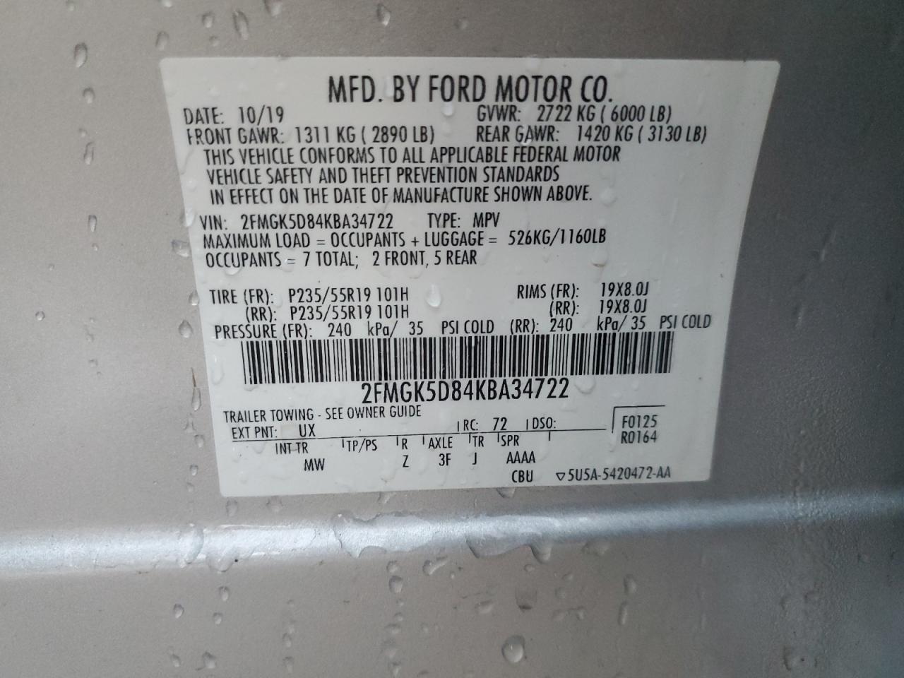2FMGK5D84KBA34722 FORD FLEX 2019