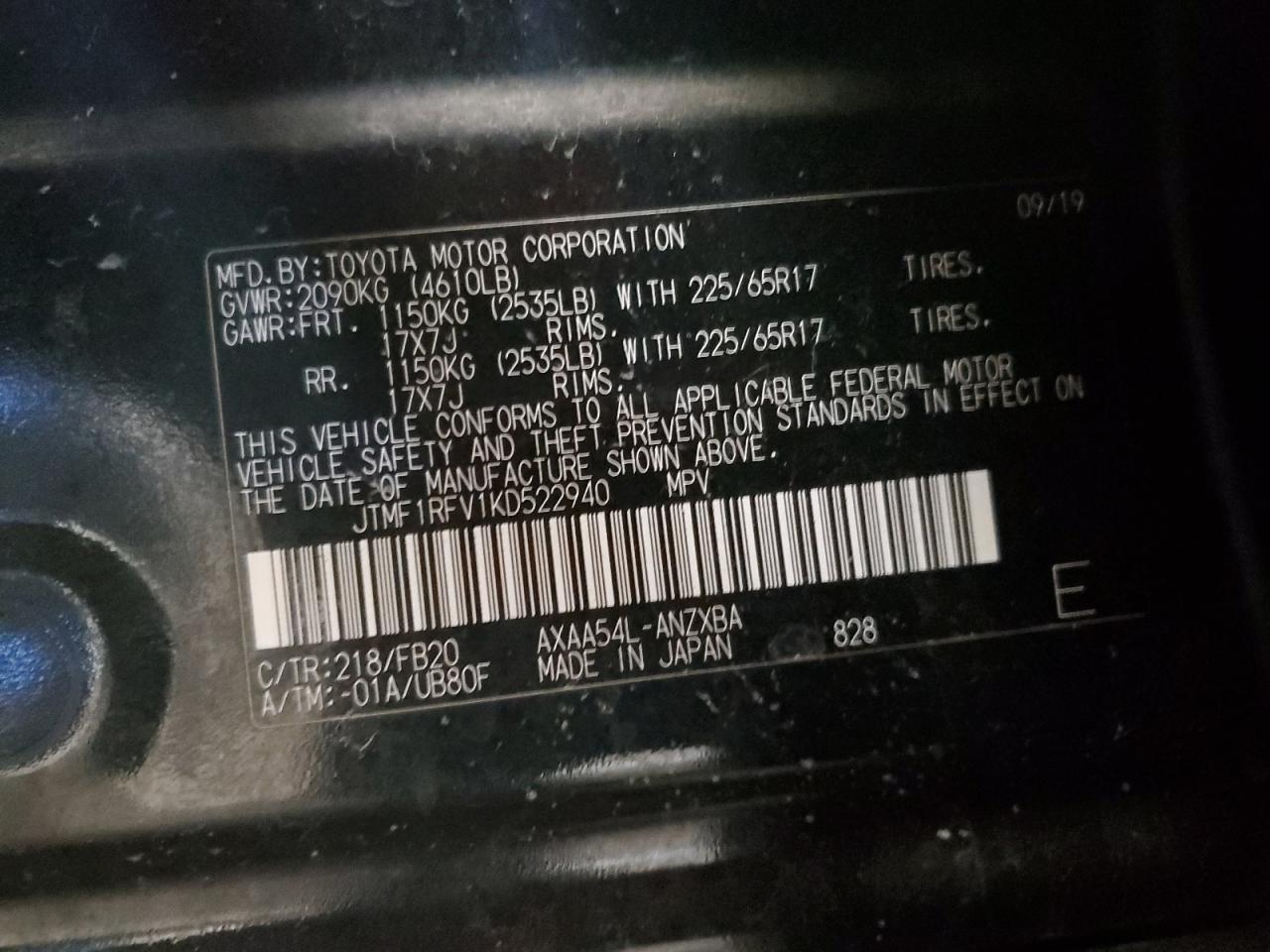 JTMF1RFV1KD522940 TOYOTA RAV4 2019