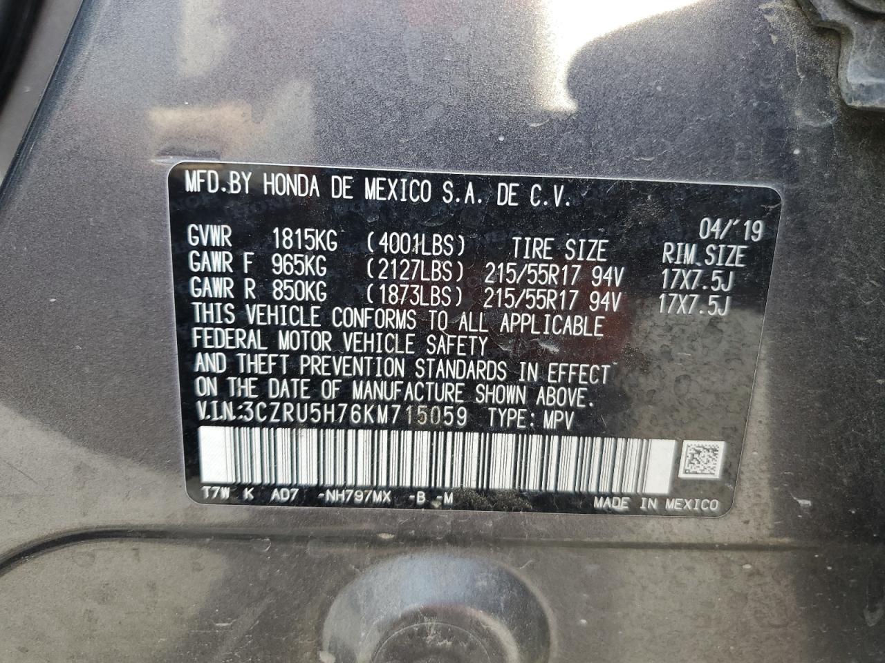 3CZRU5H76KM715059 HONDA HR-V 2019