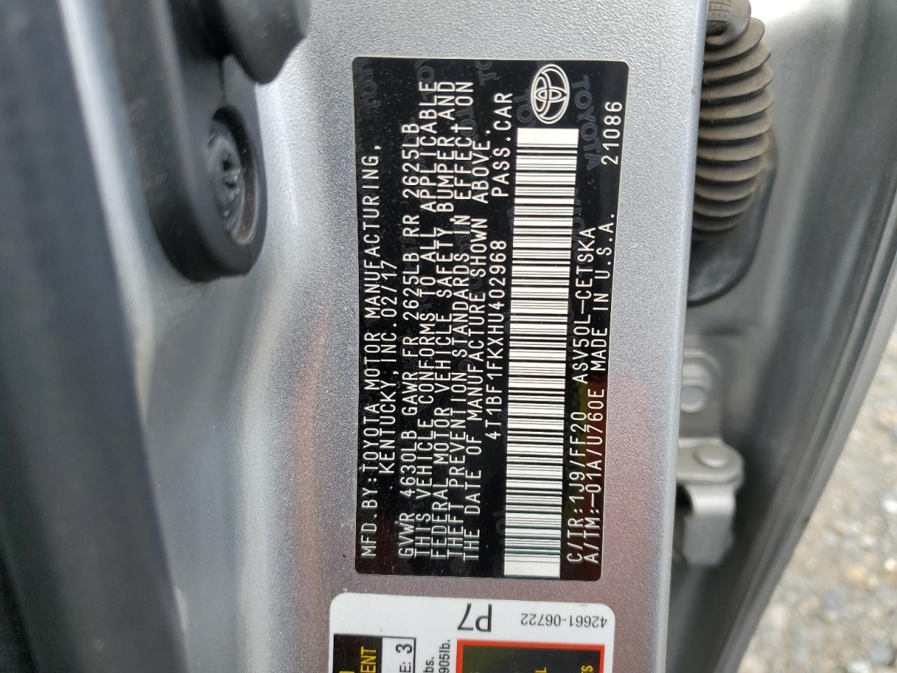 4T1BF1FKXHU402968 TOYOTA CAMRY 2017