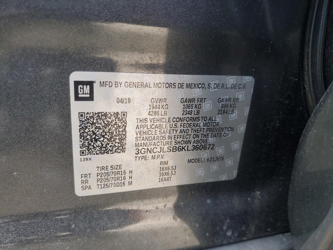 3GNCJLSB6KL360672 CHEVROLET TRAX 2019